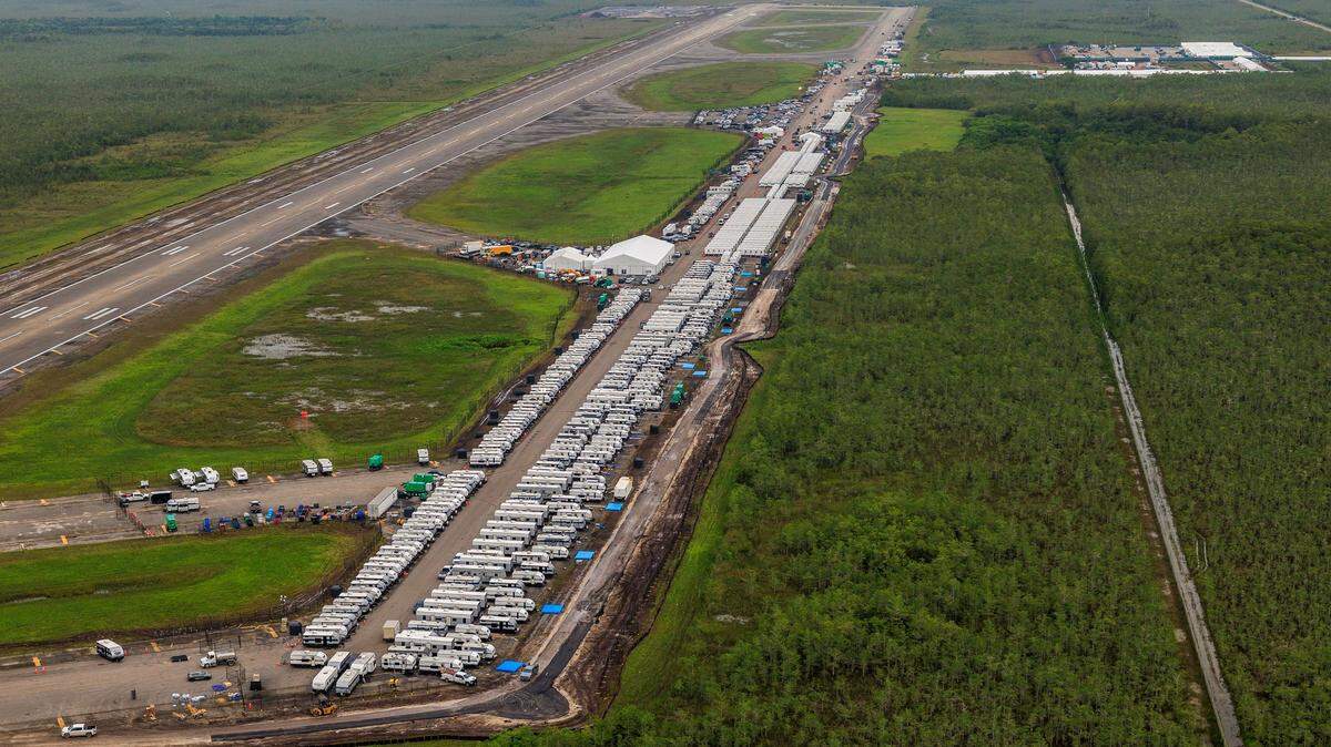 Aerial view of structures at the recently opened migrant detention center, “Alligator Alcatraz,” located at the site of the Dade-Collier Training and Transition Airport in Ochopee, Florida on Friday July 04, 2025.