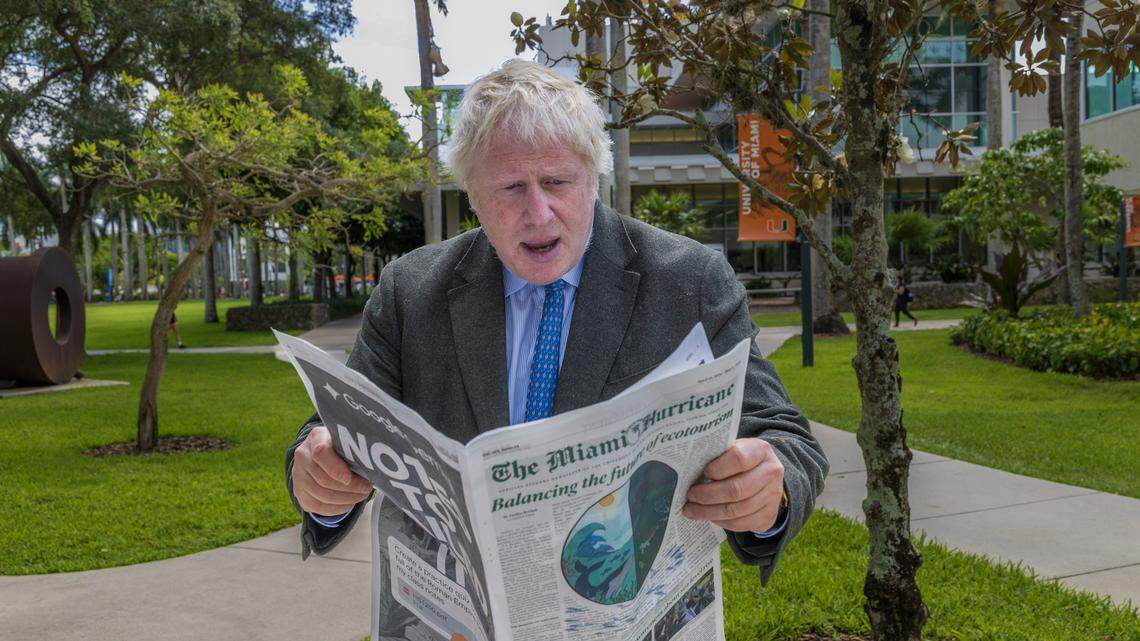 Former Great Britain Boris Johnson posed holding a copy of the UM students newspaper the Miami Hurricane as he joined the University of Miami as a Provost's Visiting Lecturer and Distinguished Arts & Sciences Scholar, on, Wednesday, April 22, 2026.