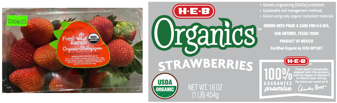 A container of FreshKampo organic strawberries and the label for H-E-B store brand organic strawberries