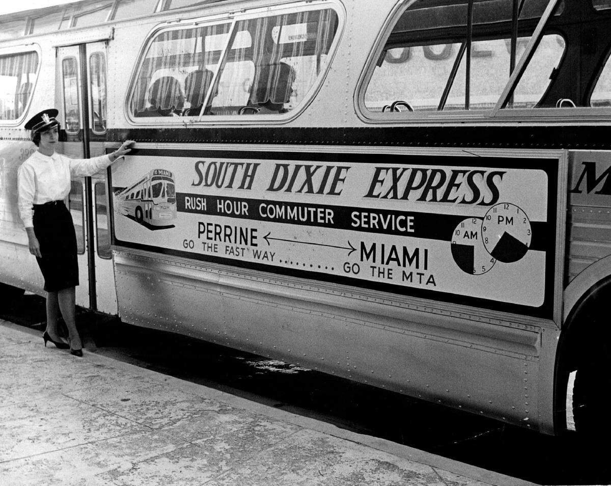 In 1964, the bus system’s Sue Farewell welcoms passengers on the maiden run of the South Dixie Express, a commuter bus service between South Miami-Dade and downtown Miami.