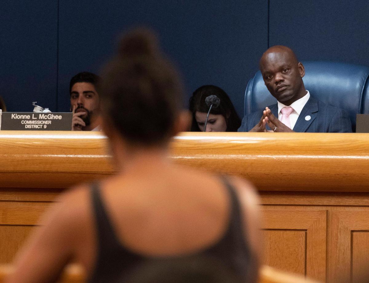 Commissioner Kionne McGhee listens to a speaker during the first Miami-Dade county budget hearing on Thursday, Sept. 8, 2022, at the Stephen P. Clark Government Center in Downtown Miami.