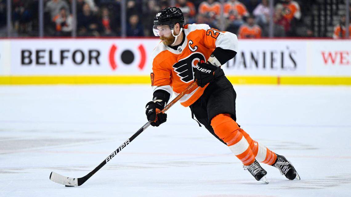 Philadelphia Flyers’ Claude Giroux in action during an NHL hockey game against the St. Louis Blues, Tuesday, Feb. 22, 2022, in Philadelphia. (AP Photo/Derik Hamilton)