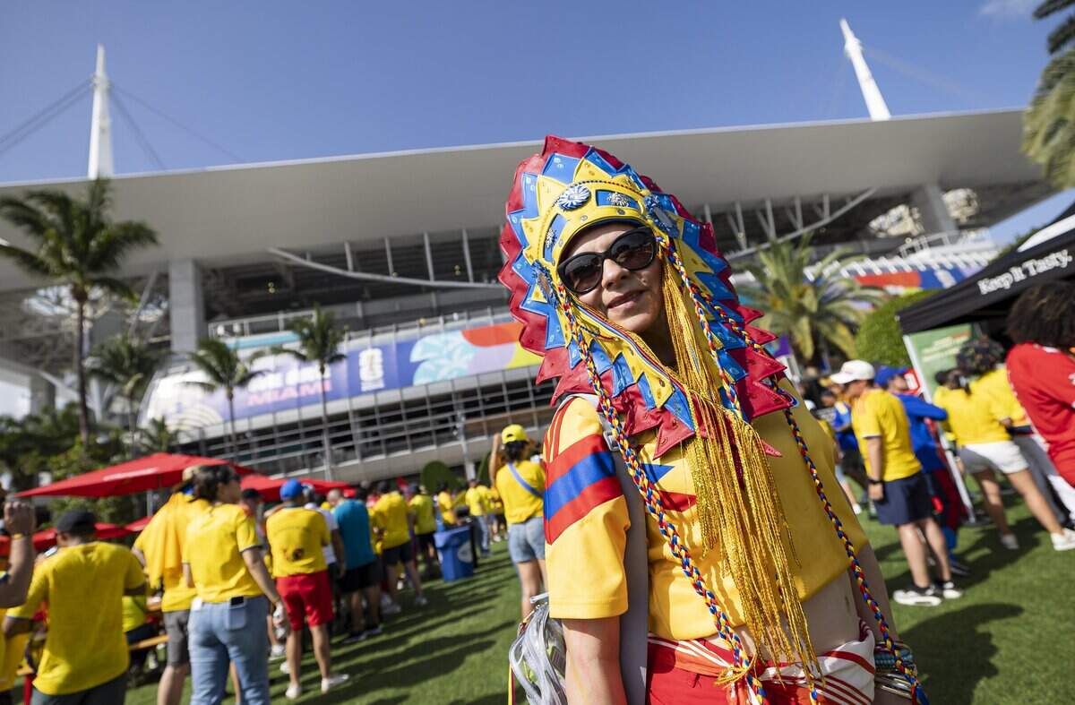 Colombia fan Monica Martinez arrives to watch her team play against Portugal in their World Cup Group K soccer match at Hard Rock Stadium (Miami Stadium) on Saturday, June 27, 2026, in Miami Gardens, Fla.