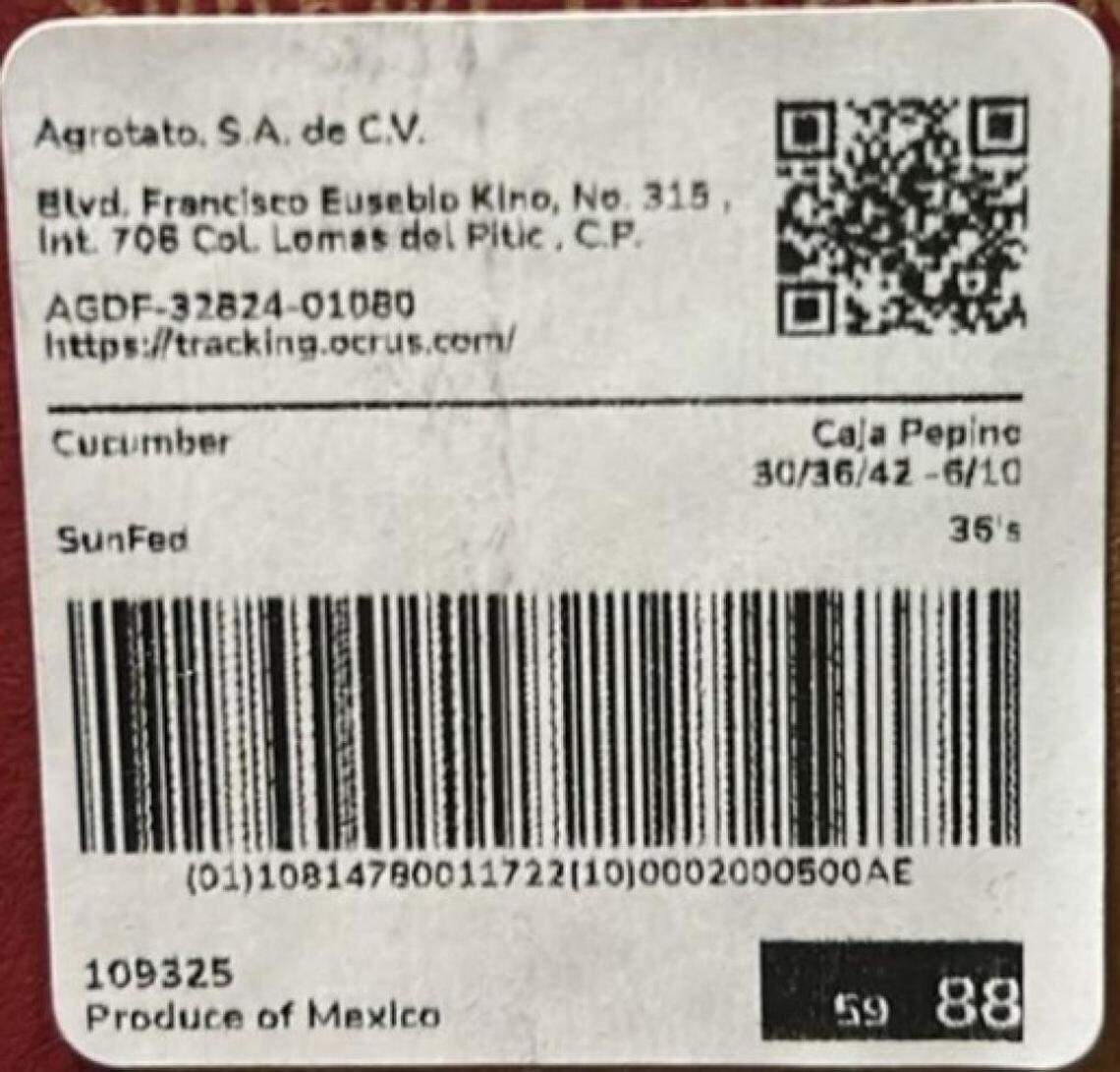 A shipping label from Agrotato S.A. de C.V. that will be on some boxes of recalled cucumbers.