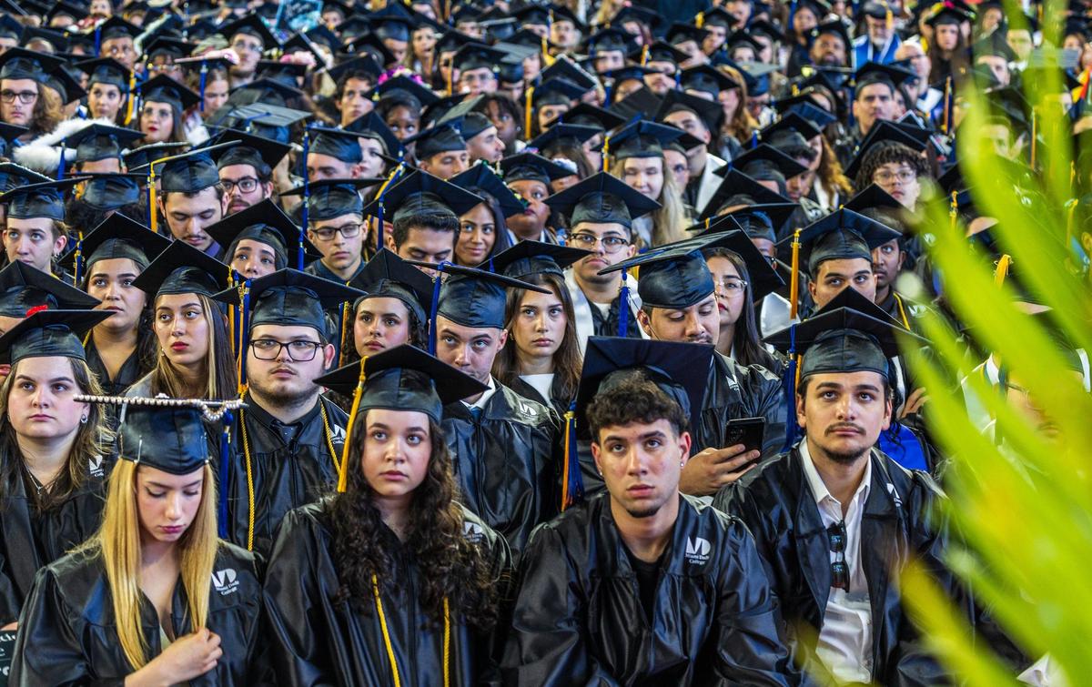 Students listen to keynote speaker Reshma Saujani, founder of Girls Who Code, during Miami Dade College’s North, Hialeah and West Campuses 2025 commencement ceremonies at LoanDepot Park, in Miami on Saturday, April 26, 2025.