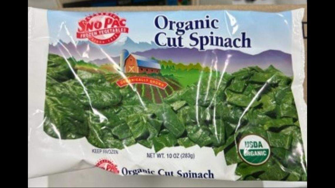 A 10-ounce bag of Sno Pac Organic Frozen Cut Spinach