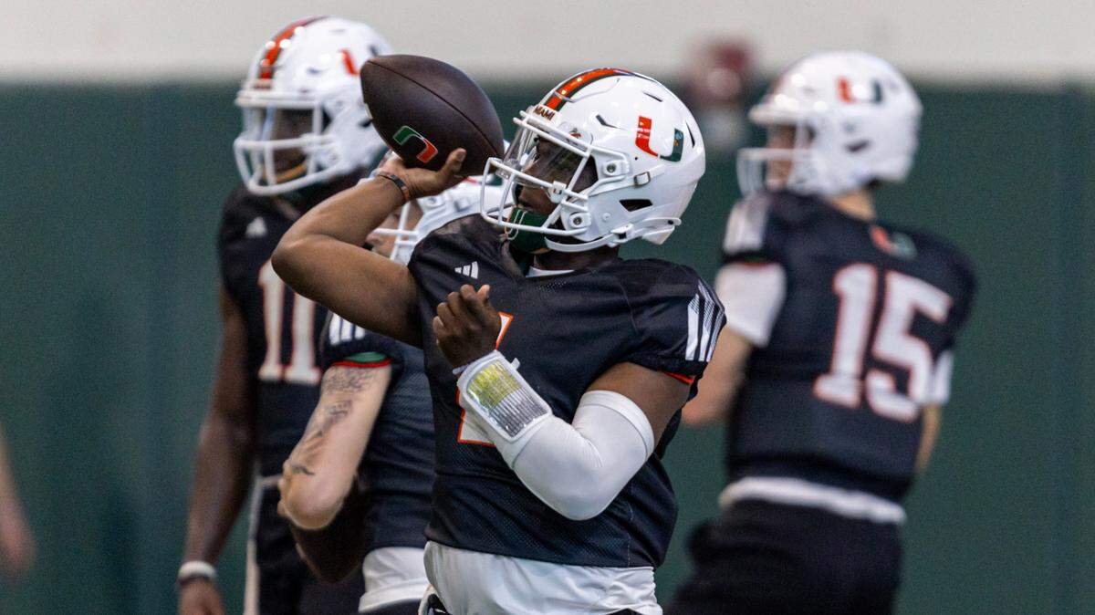 Miami Hurricanes quarterback Cam Ward (1) throws the ball during practice at the Carol Soffer Indoor Practice Facility at the University of Miami in Coral Gables, Florida on Friday, March 8, 2024.