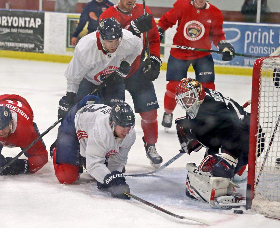 Florida Panthers Mark Pysyk (13) and goalie Sergei Bobrovsky (72) at their practice facility at the Ice Den in Sunrise, Florida, July 17, 2020.