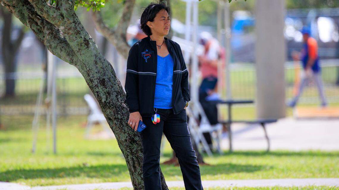 Miami Marlins General Manager Kim Ng looks on during their spring training workout at Roger Dean Stadium on Thursday, March 17, 2022 in Jupiter, FL.