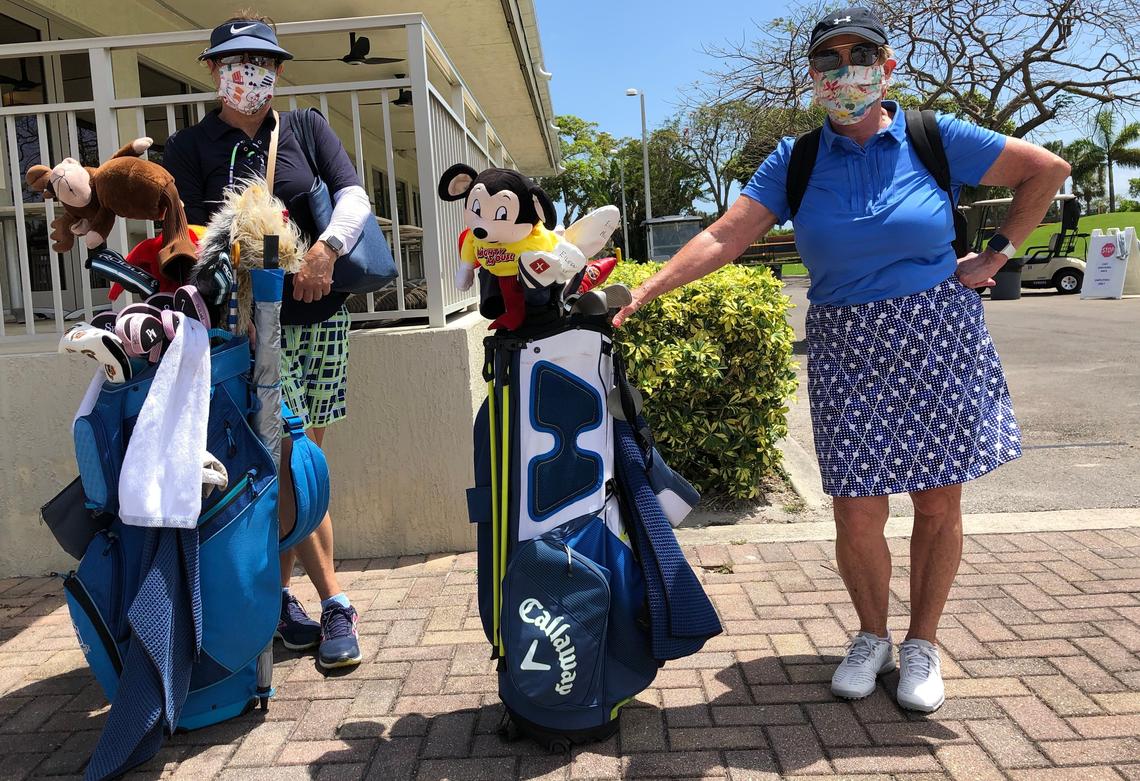 Mia Patch, left, and Eileen Moss pause for a photo at Miami’s Melreese golf course on Wednesday, March 29, 2020. The golf course had been closed for six weeks after a county order closing all recreational facilities across Miami-Dade.