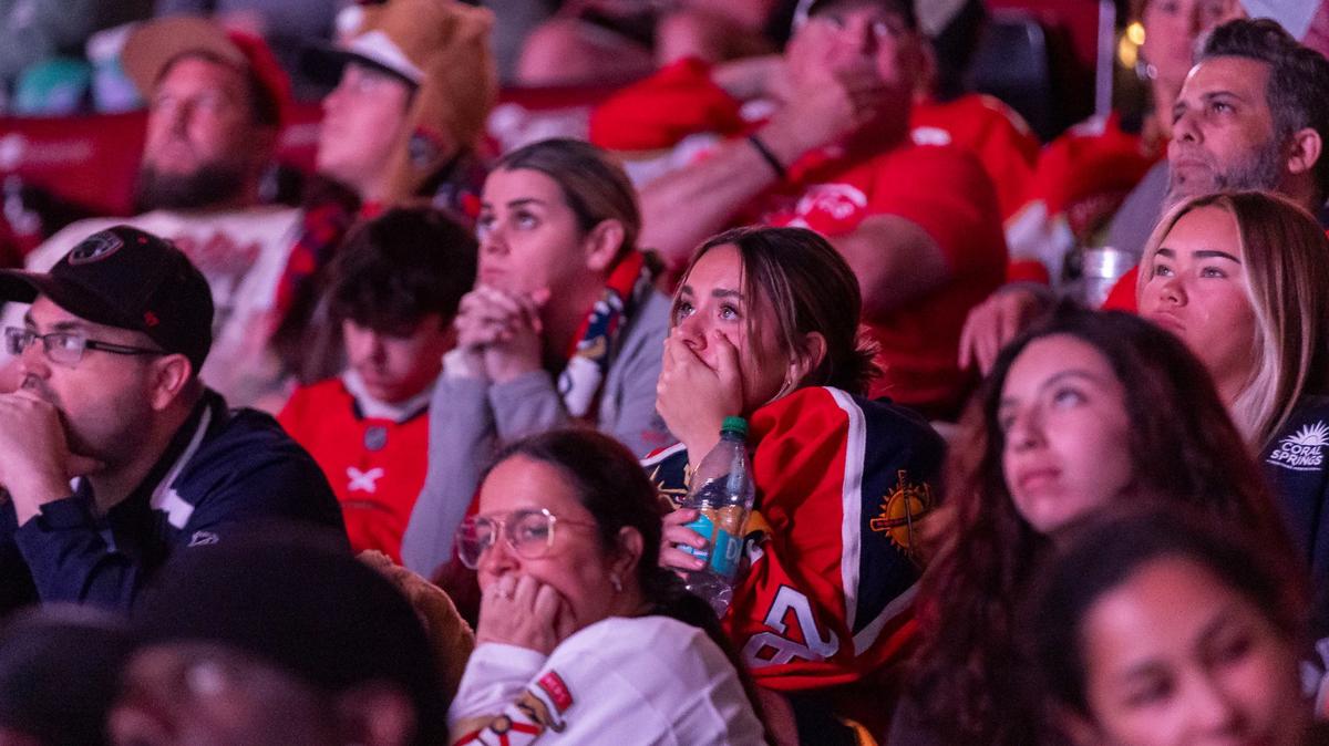 Florida Panthers fans react as they watch their team play against the Edmonton Oilers in Game 6 of the NHL Stanley Cup Final at the Amerant Bank Arena on Friday, June 21, 2024, in Sunrise, Fla.