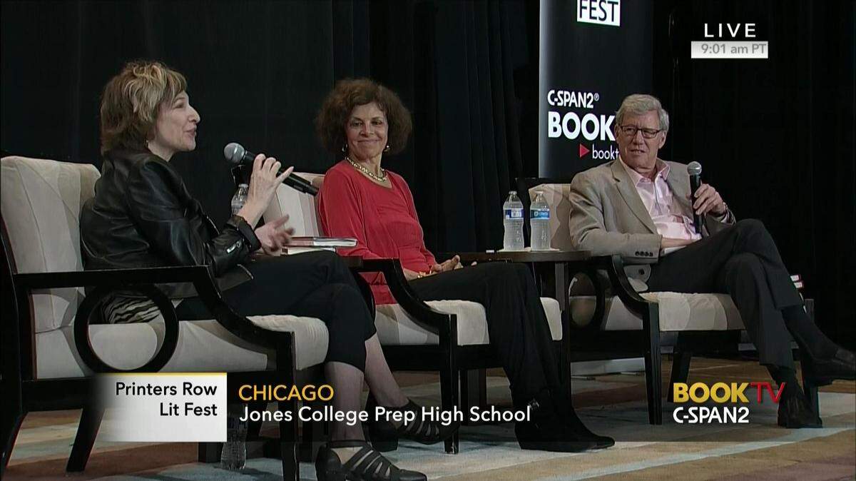 Free-speech advocates  Nadine Strossen, center, and Geoffrey Stone speak with cultural critic Laura Kipnis at a Chicago literary fair in June.