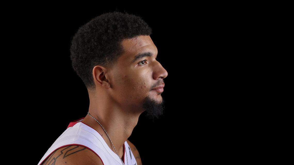 Heat Center Kel’el Ware sits for a quick photo session at Miami Heat Media Day inside the practice court at the Kaseya Center in Miami on September 29, 2025.