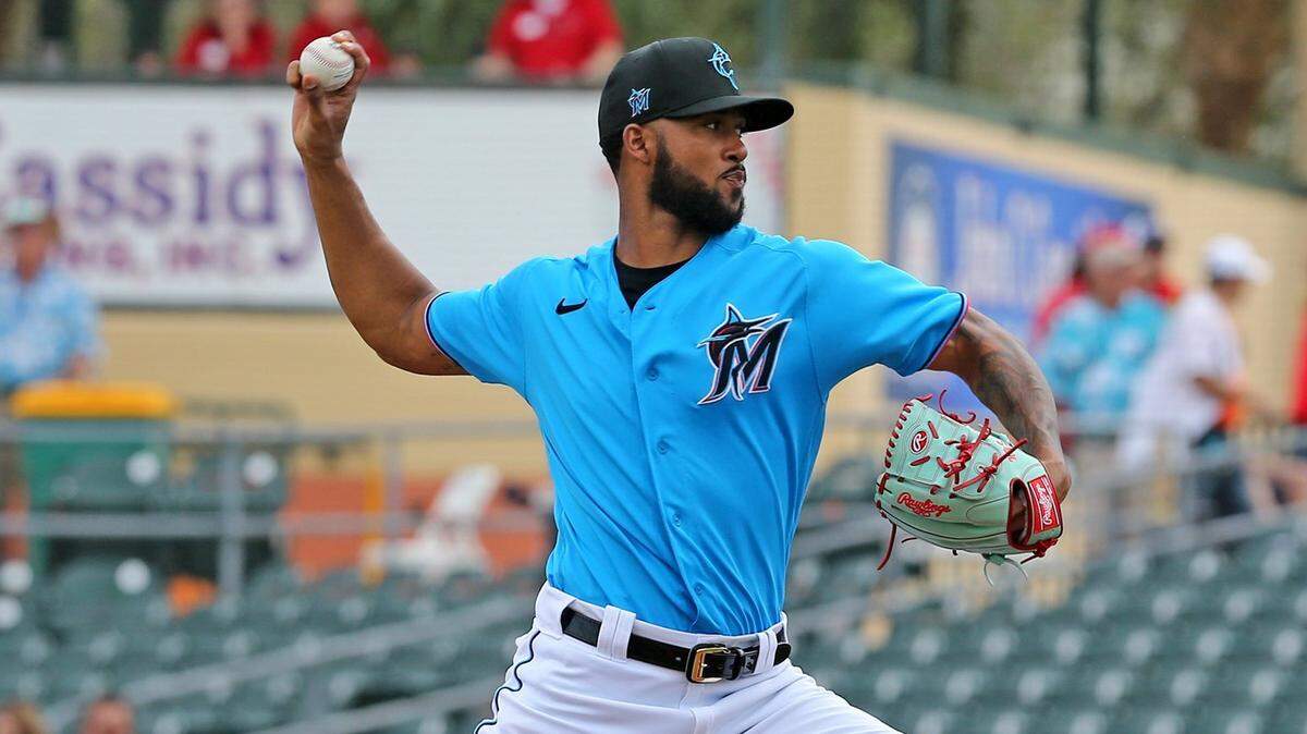 Miami Marlins starting pitcher Sandy Alcantara (22) in the first inning as they play the St Louis Cardinals at Roger Dean Chevrolet Stadium in Jupiter, Florida, February 24, 2020.