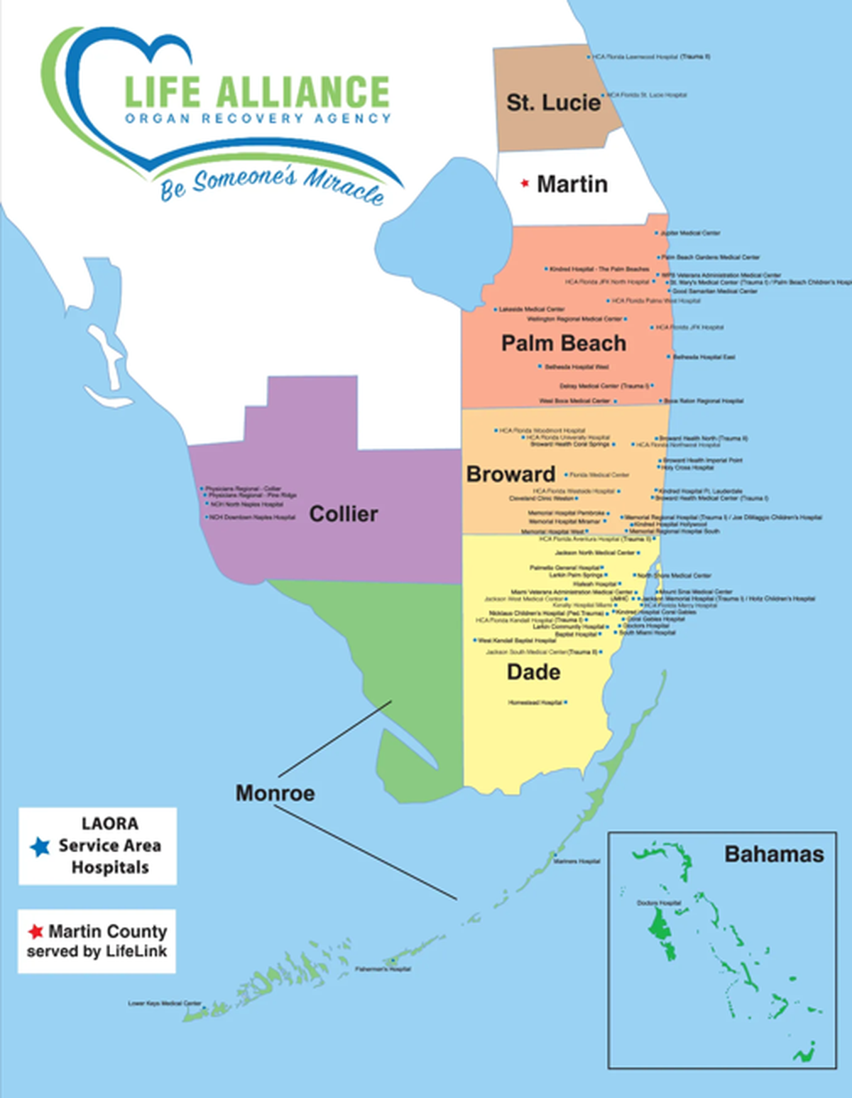 This map shows the hospitals that were in the service area of the Life Alliance Organ Recovery Agency.  The South Florida Donor Network is now handling this service area.