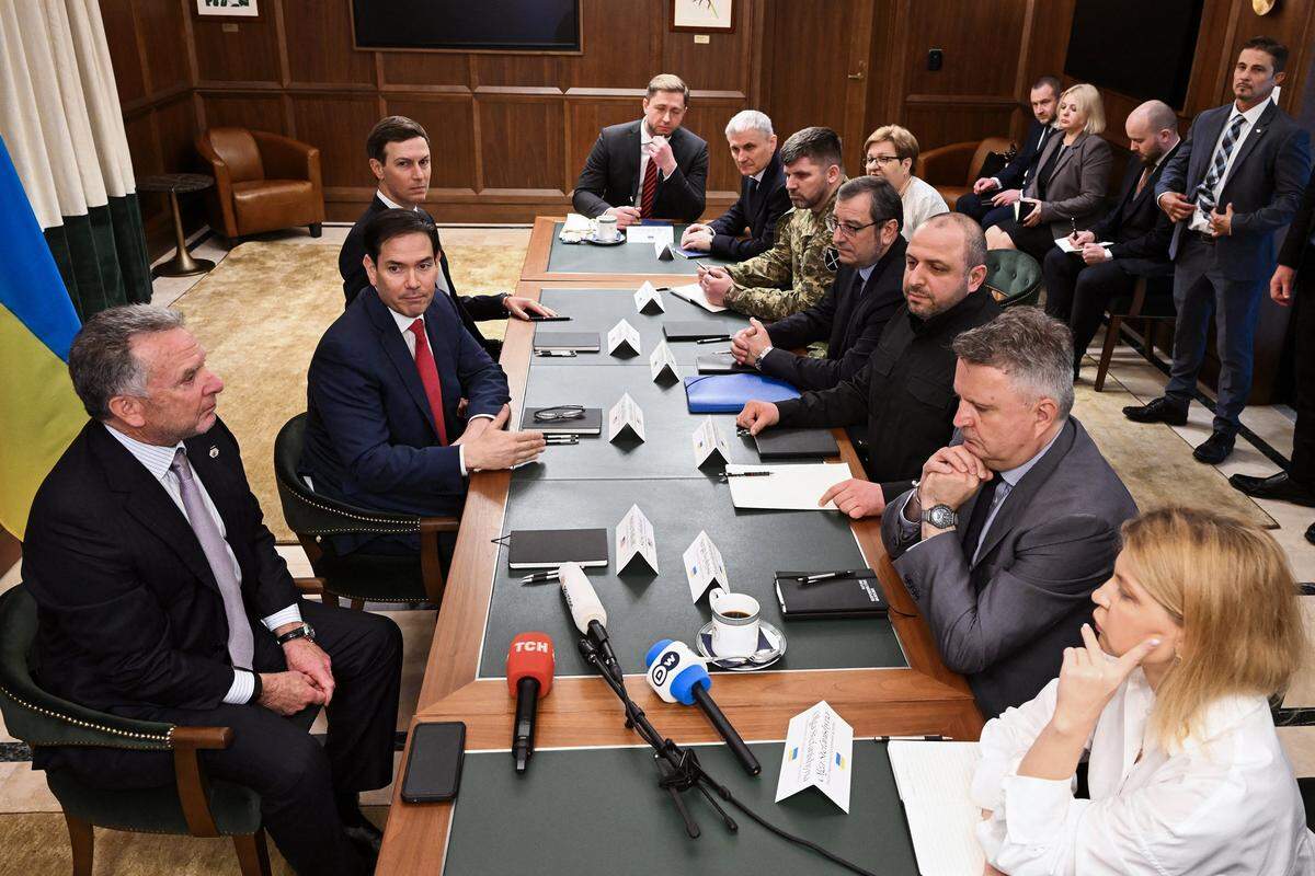 US Secretary of State Marco Rubio (center L), flanked by White House Special Envoy Steve Witkoff and Jared Kushner, speaks during a meeting with Ukrainian officials headed by Secretary of the National Security and Defense Council of Ukraine Rustem Umerov (center R) in Hallandale Beach, Florida on Nov. 30, 2025. (Chandan Khanna/AFP/Getty Images/TNS)