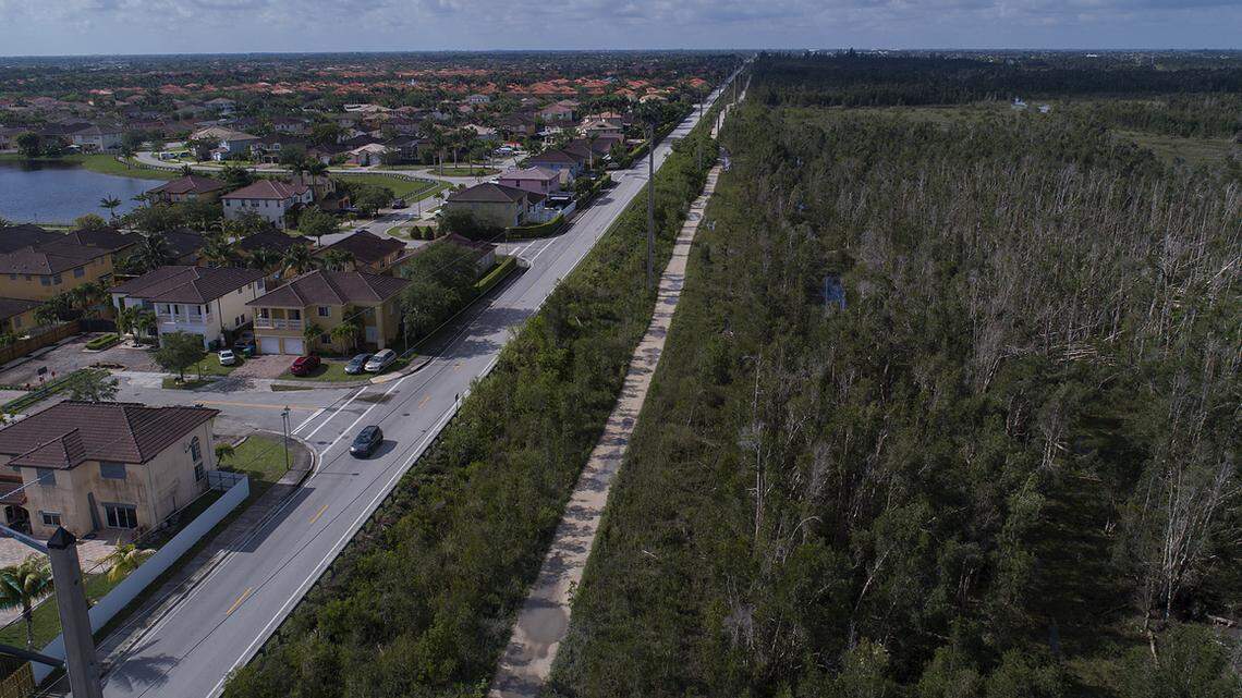 Southbound view of SW 157th Ave running next to the Bird Basin Park, the proposed route of the Dolphin/836 Expressway extension.