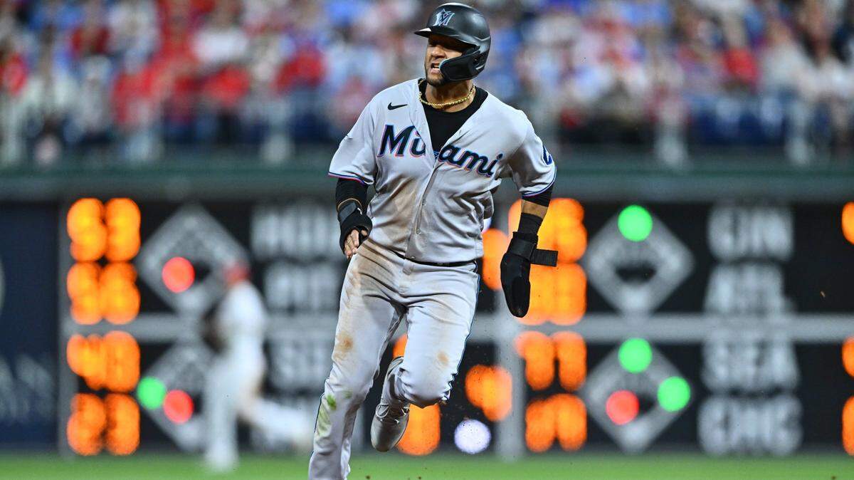 Miami Marlins first baseman Yuli Gurriel (10) advances to third against the Philadelphia Phillies in the sixth inning at Citizens Bank Park on Tuesday, April 11, 2023.