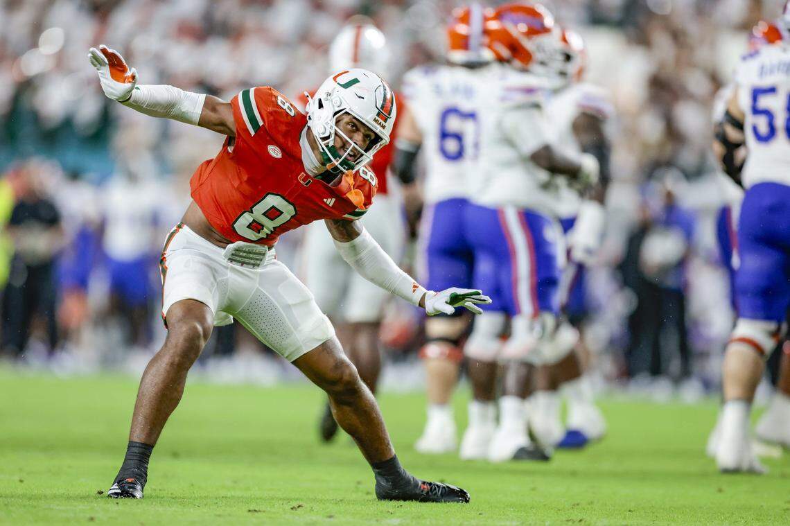 Miami Hurricanes defensive back Jakobe Thomas, reacts after sacking Florida Gators quarterback DJ Lagway