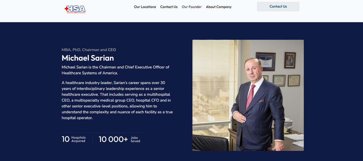 A screenshot of Healthcare Systems of America’s website on Thursday, March 12, 2026, lists Michael “Mike” Sarian as chair and CEO. His photo and biography still remained on the website on Thursday, March 19, 2026.