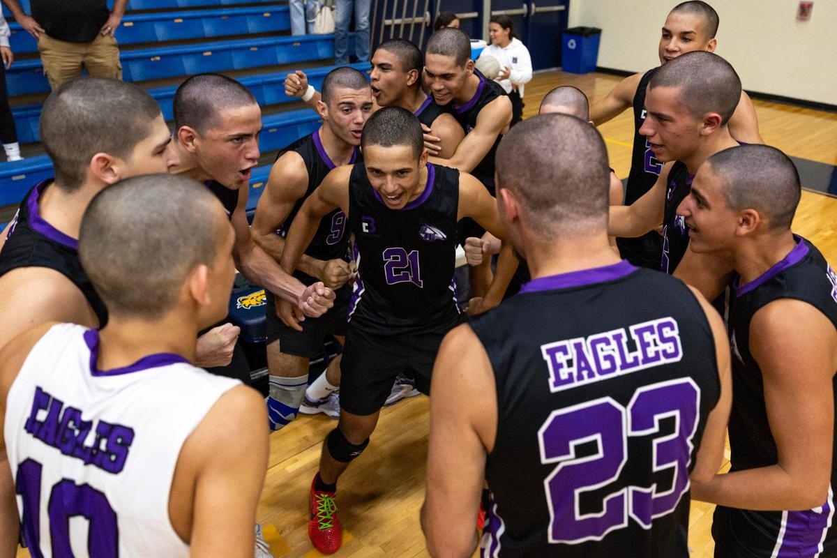 Southwest players reacts to defeating Belen during the men’s volleyball regional final on Tuesday, May 14, 2024, in Miami, Fla.