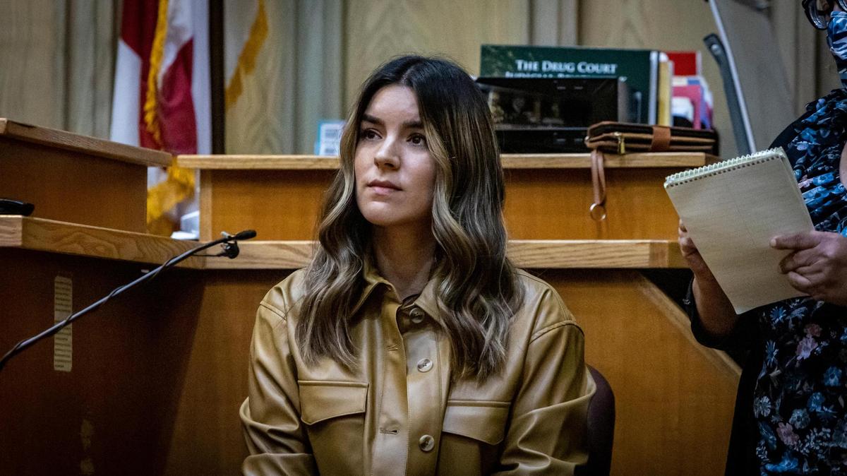 Ana Araujo, Pablo Lyle’s wife, answers questions as she testifies as a witness for the defense during the trial of Mexican actor Pablo Lyle Friday in Miami-Dade court.