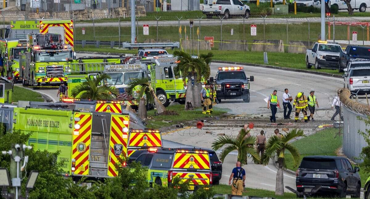Miami-Dade Fire Rescue responds to the scene where an Amazon cargo plane crashed at Miami International Airport on Sunday, Sept. 6, 2026.