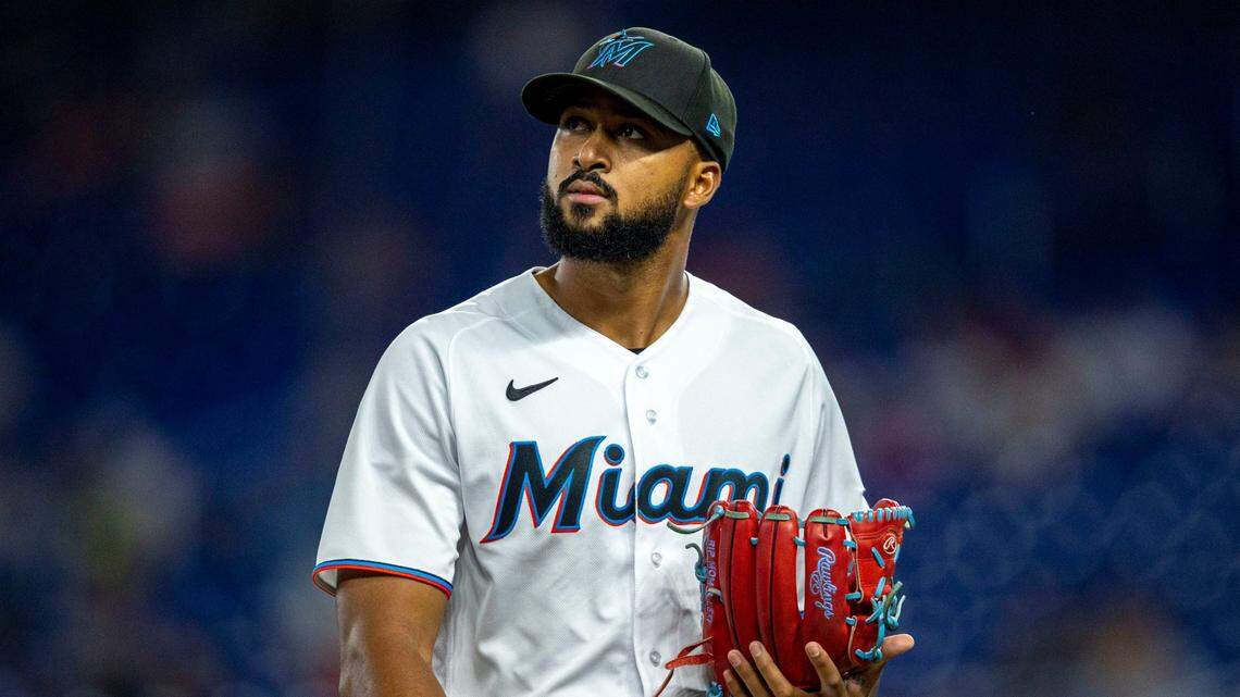 Miami Marlins pitcher Sandy Alcantara (22) reacts as he walks off the field during the third inning of an MLB game against the Washington Nationals at loanDepot park in the Little Havana neighborhood of Miami, Florida, on Wednesday, June 8, 2022.