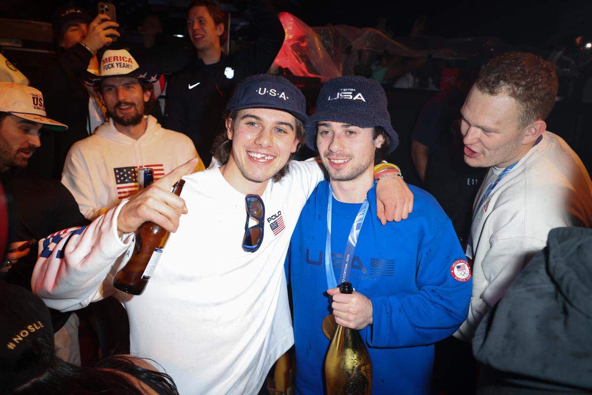 MIAMI, FLORIDA - FEBRUARY 23: Jack Hughes and Quinn Hughes  attend a celebration of the USA Men's Hockey Team's Olympic Gold at E11EVEN Miami on February 23, 2026 in Miami, Florida.  (Photo by Alexander Tamargo/Getty Images for E11EVEN Miami)