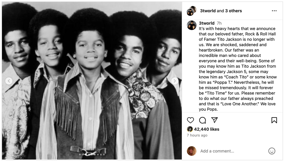 On Sept. 5, Tito Jackson’s sons revealed the guitarist has died.