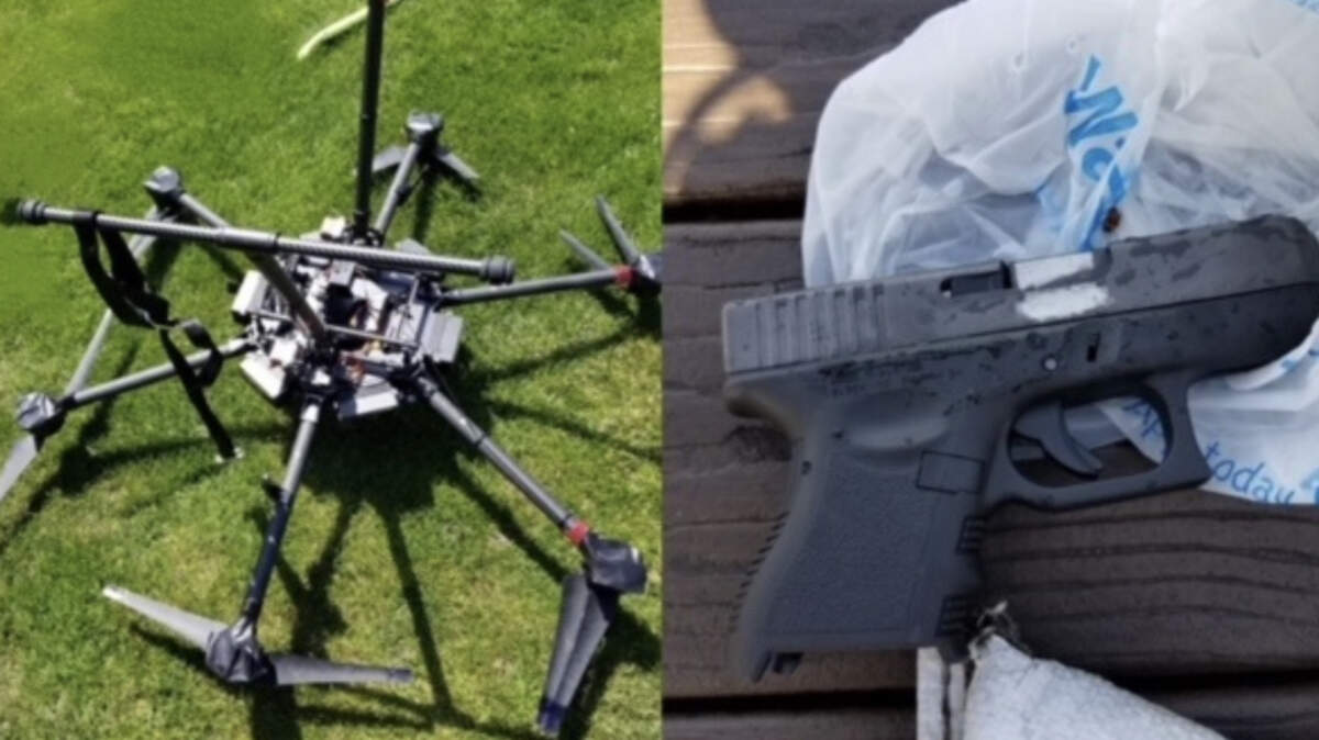 A drone carrying 11 handguns in a bag was flown from the U.S. over the border into Canada, police in Ontario say. The drone got stuck in a tree.