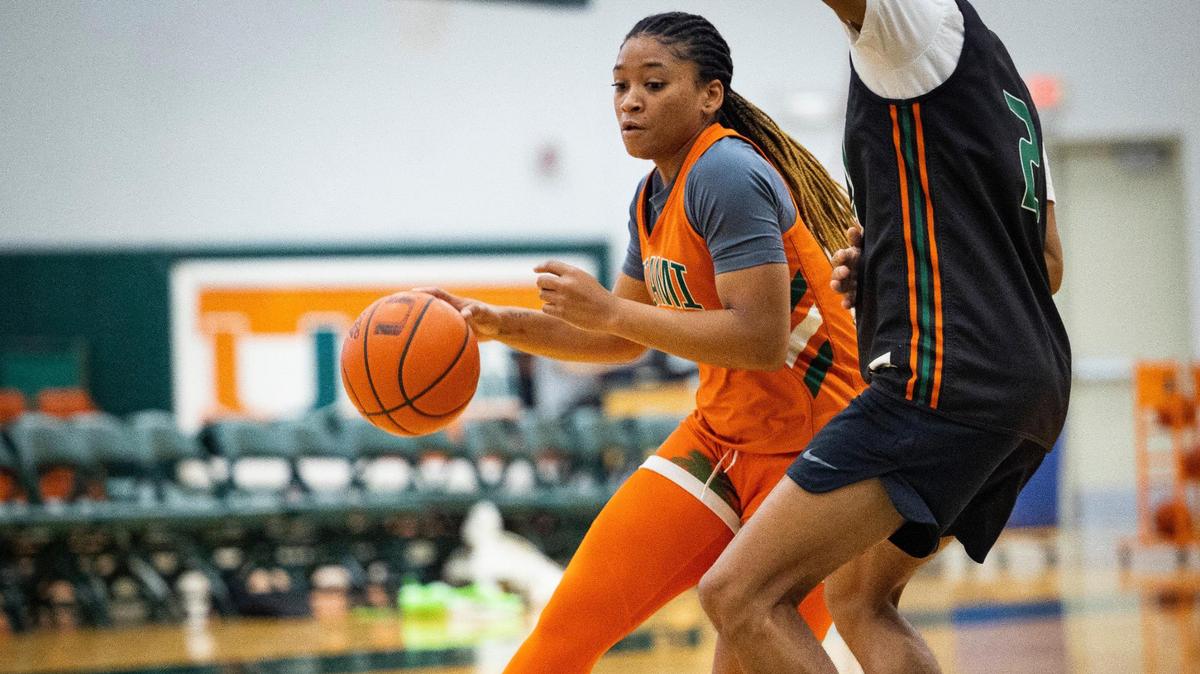 Jasmyne Roberts (4) dribbles the ball during practice on Monday, Oct. 23, 2023, at the practice facility at Watsco Center in Coral Gables. She is No. 24 UM’s leading scorer heading into game vs. No. 10 Baylor on Dec. 16, 2023.
