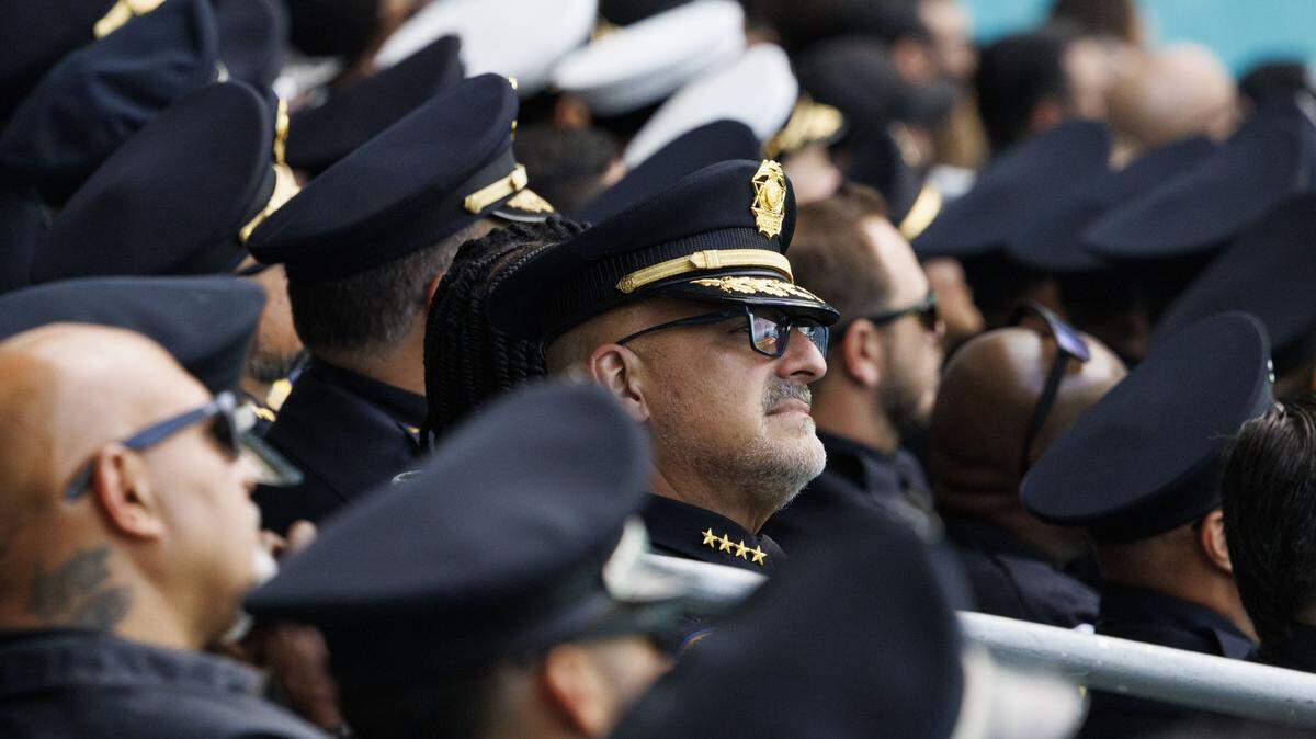 City of Miami Chief of Police Manuel Morales attends a funeral service for Miami Beach Police Sergeant David Cajuso on Wednesday, Nov. 12, 2025, at the Hard Rock Stadium in Miami Gardens, Fla. 