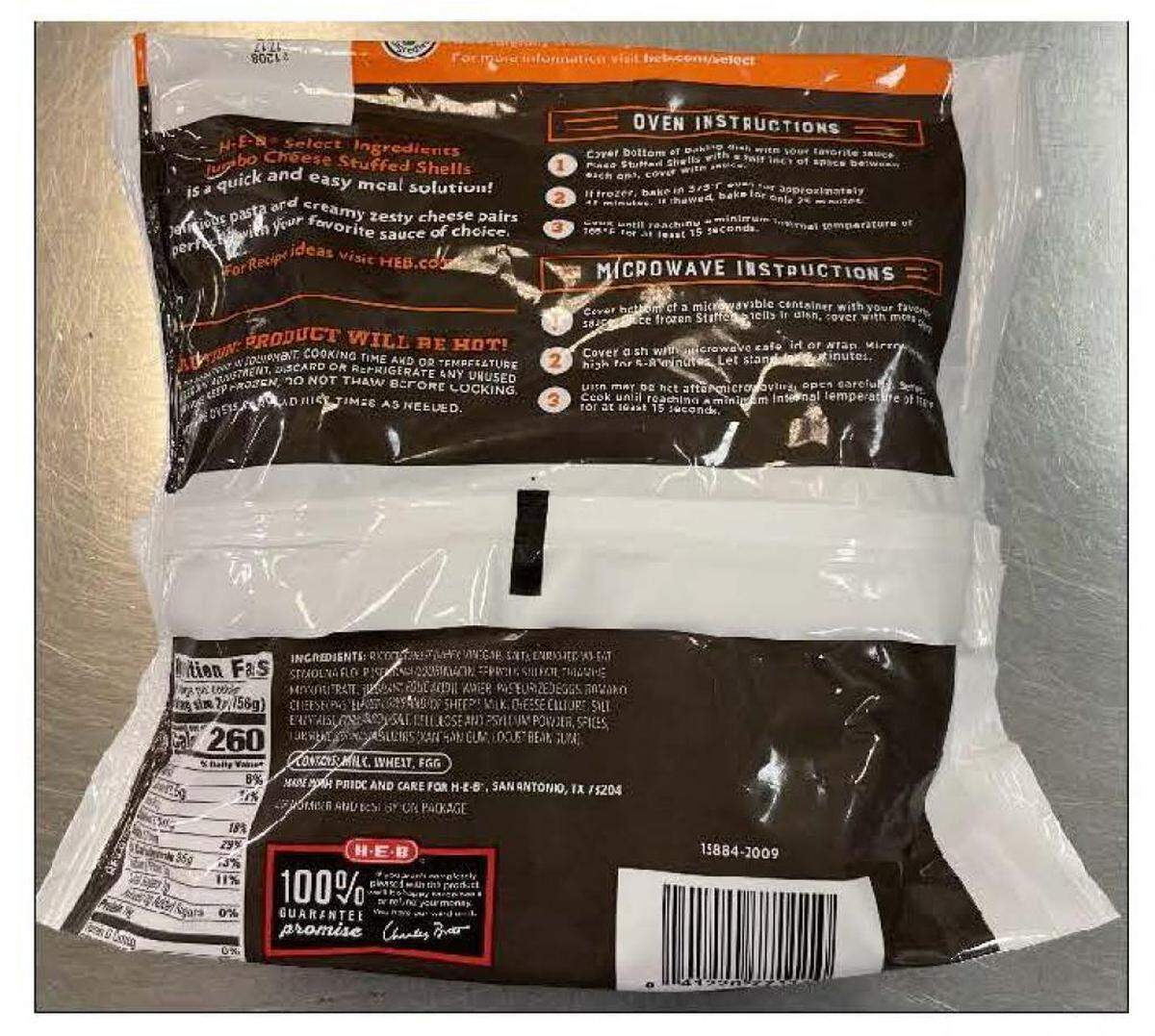 The back of the bag of recalled H-E-B stuffed shells. The lot number is in the upper left corner.