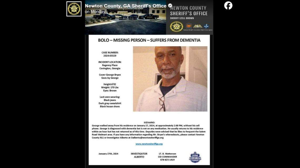 A body was found days after George Bryan, 68, wandered away from his home in Newton County, Georgia, deputies said.