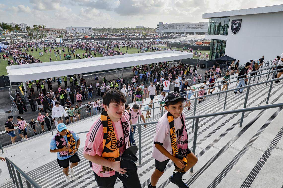 Fans arrive to watch the MLS soccer match between Inter Miami CF and Austin FC at Nu Stadium in Miami Freedom Park on Saturday, April 4, 2026, in Miami, Florida, 