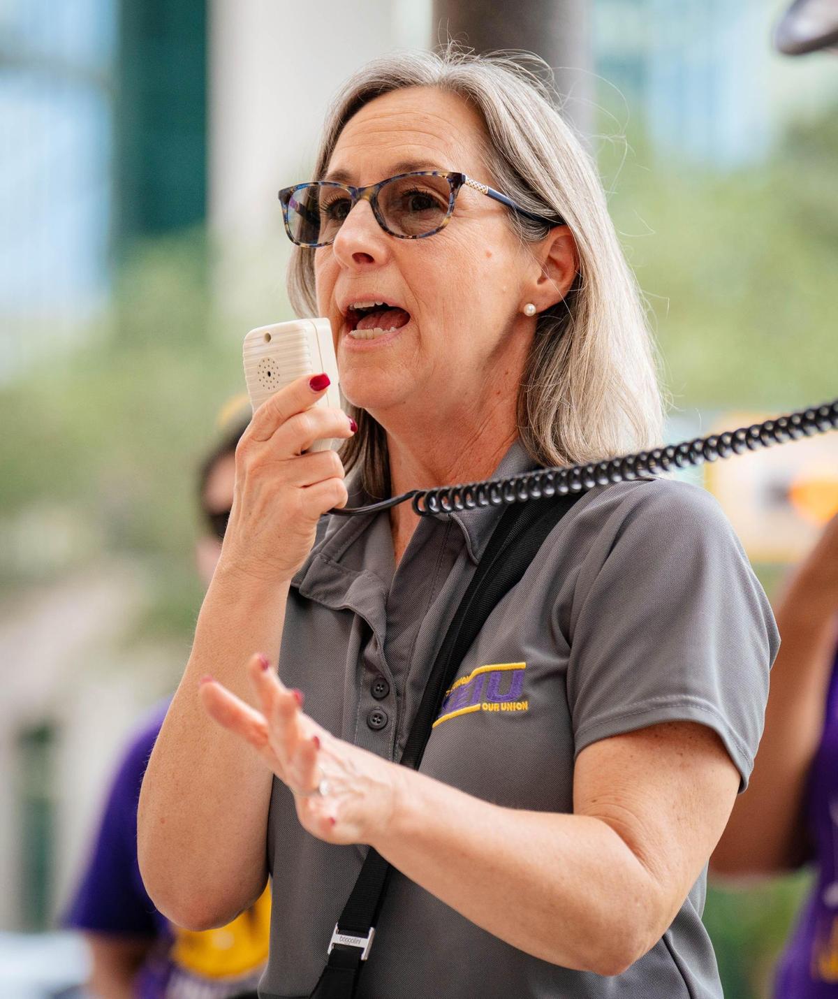 Vice President of 32BJ SEIU Helene O’Brien speaks to a crowd protesting for a new union contract for security officers in front of the Broward Government Center on Tuesday Nov. 12, 2024 in Fort Lauderdale.