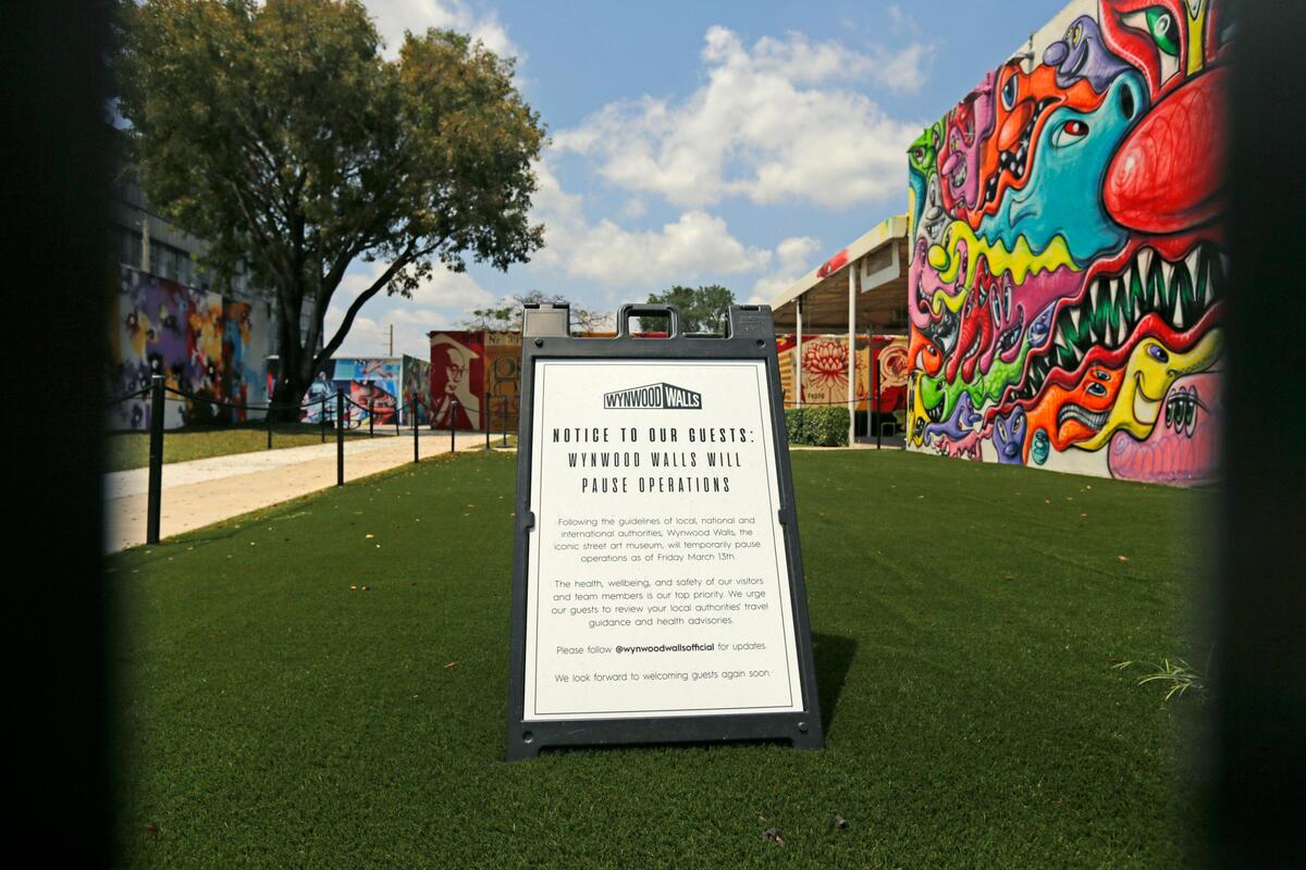 A sign at the closed entrance of the Wynwood Walls in Miami as the coronavirus pandemic continues on April 9, 2020.