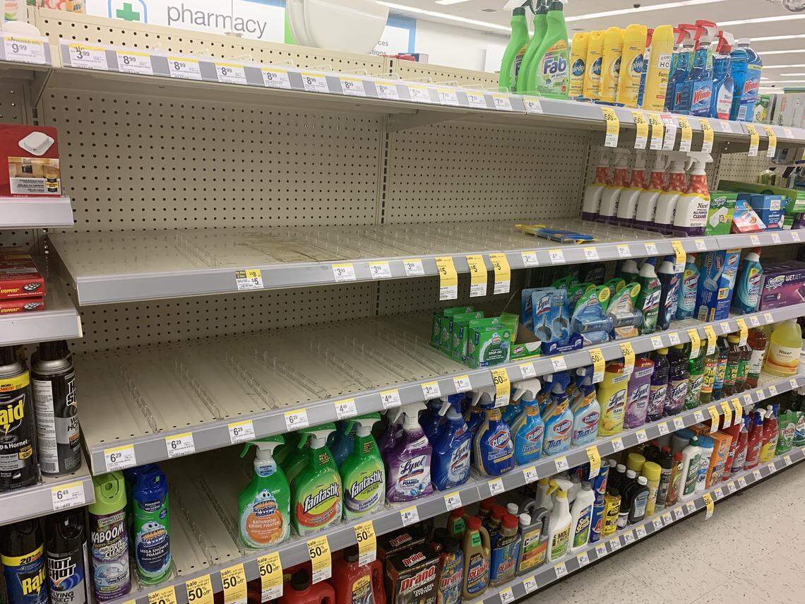 Walgreens says it has noticed an increase of demand for disinfectants as shoppers begin to prepare for a possible coronavirus spread. Walgreens on Coral Way had sold out of hand sanitizer but still had some cleaning supplies left on March 3, 2020.