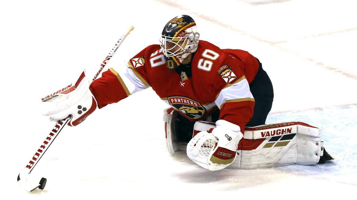 Florida Panthers goalie Chris Driedger (60) in the first period as they play the Tampa Bay Lighting at the BB&T Center in Sunrise, Florida, Monday, May 10, 2021.