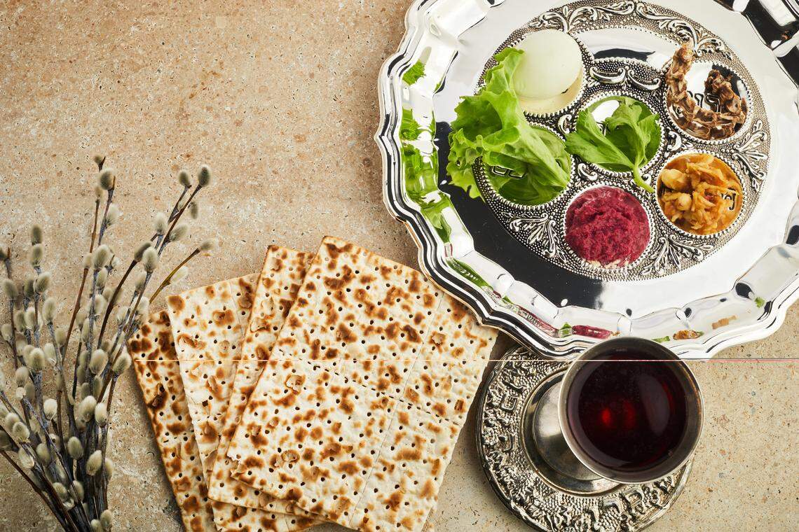 Passover Seder plate with traditional food.