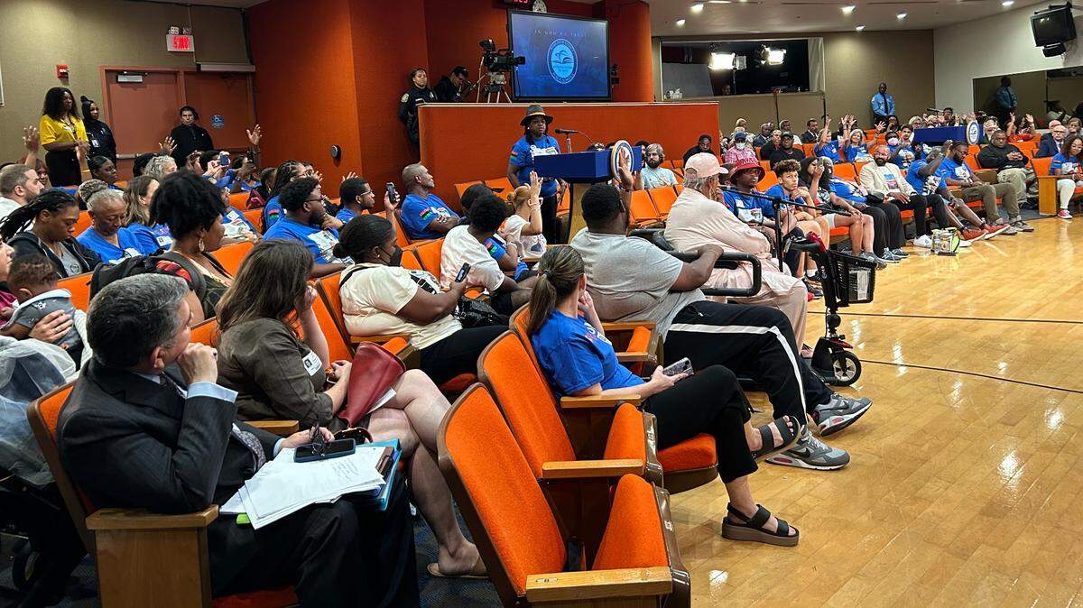 Community members flood the Miami-Dade County School Board meeting Wednesday, June 21, 2023, to speak out against book restrictions.