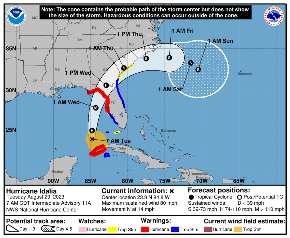 The National Hurricane Center’s track forecast predicts that the storm’s eye will come ashore somewhere in Florida’s Big Bend region. But the impacts of storm surge may affect a much wider region.