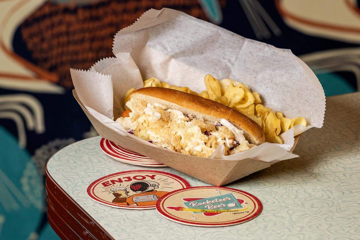 A chicharron covered hot dog at Rocketeer Beer & Liquid Provisions on Monday, October 13, 2025, in Miami, Fla.