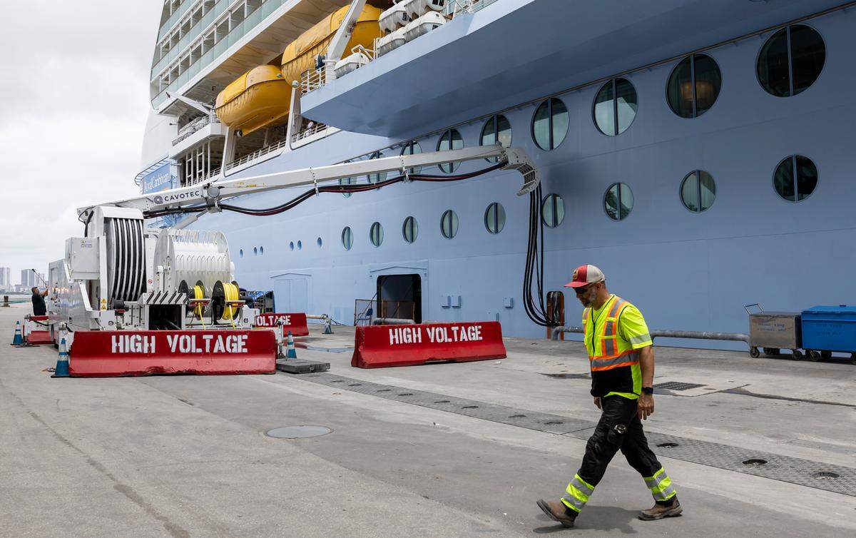 Royal Caribbean International’s MS Freedom of the Seas connects to a shore power system at PortMiami. Of Royal Caribbean Group’s 68 ships, 37 of them are equipped for shore power.&nbsp;
