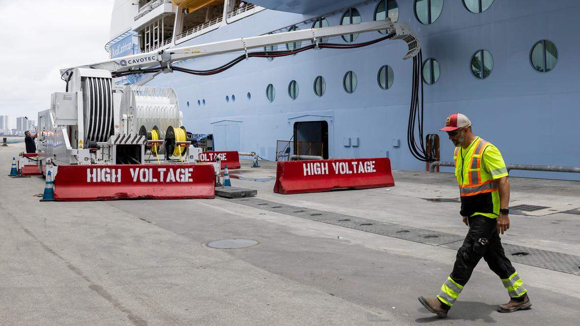 Royal Caribbean International’s MS Freedom of the Seas connects to a shore power system at PortMiami on Monday, June 17, 2024, in Miami, Fla. Miami-Dade County officially launched shore power at PortMiami Monday, allowing cruise ships to turn off their engines and plug into a land side electrical power while docked, resulting in reduced emissions and noise.