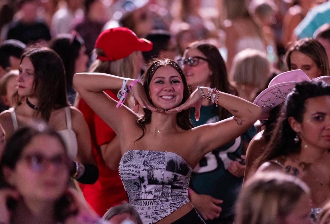 A fan reacts before Taylor Swift performs onstage during The Eras Tour at Hard Rock Stadium on Friday, Oct. 18, 2024, in Miami Gardens, Fla.