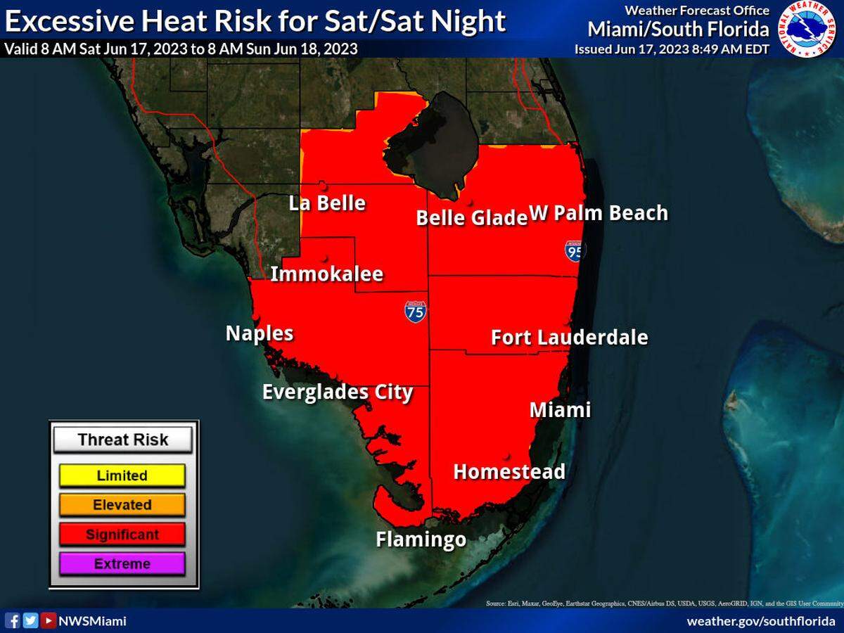 The map showing the heat advisory covering a southern chunk of Florida for Saturday, June 17.