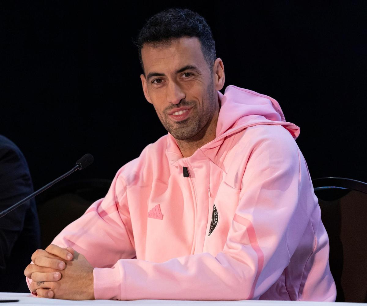 Inter Miami midfielder Sergio Busquets (5) reacts during a press conference at the 2024 MLS Media Day at the Miami Beach Convention Center on Thursday, Jan. 11, 2024, in Miami Beach, Fla.