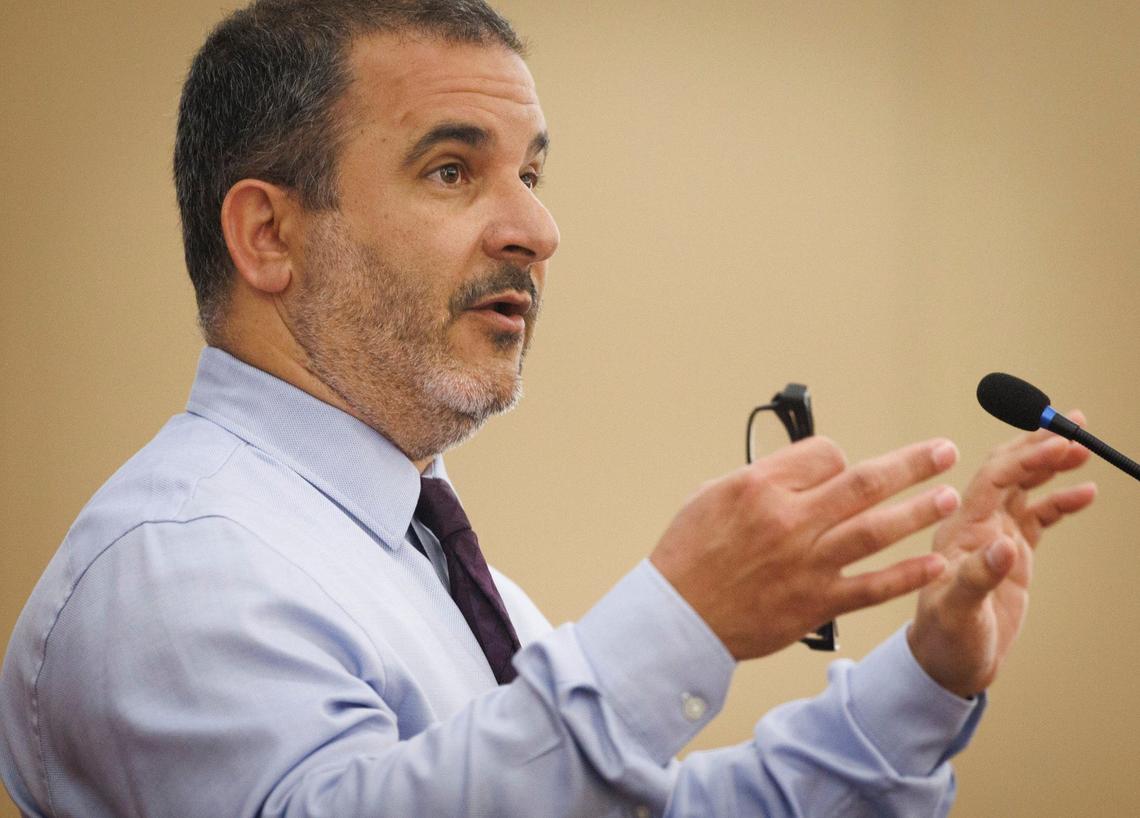 Eduardo Lavin, 48, an applicant for interim city council member, speaks during a city council meeting appointing the new member on Tuesday, July 16, 2024, at Hialeah City Hall.